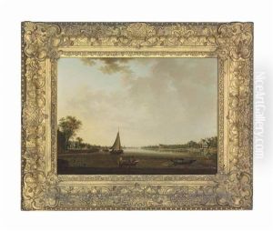 A Sailing Barge And Other Shipping In A River Landscape, With Houses On The Banks