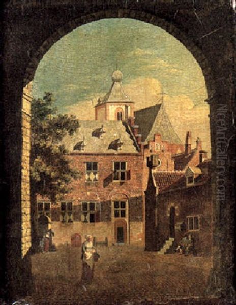 A Scene In A Courtyard In A Dutch Town With Figures Promenading - view 1
