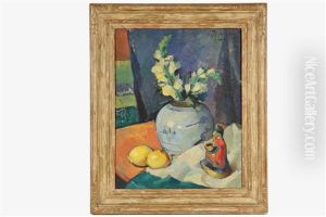 Floral Still Life With Lemons, Ginger Jar And Oriental Figurine by Maurice Compris