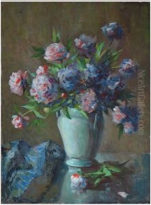 Still-life Of Peonies In A Porcelain Vase by Maurice Compris