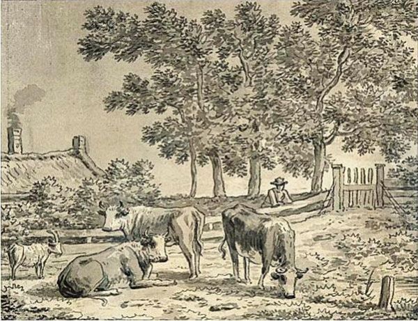 Cattle And A Goat In A Field With A Farmhouse Beyond - view 1