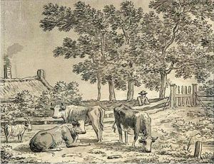 Cattle And A Goat In A Field With A Farmhouse Beyond by Anthony Andriessen