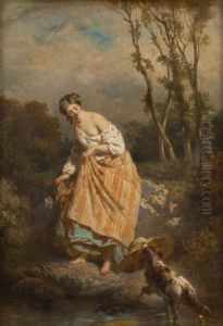 Jeune Fille Et Son Chien Au Bord Du Cours D'eau by Francois Claudius Compte-Calix