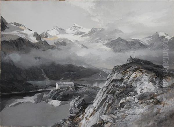 Alpenpanorama Mit Gletscher, Talsohle Mit See Und Gasthof - view 1