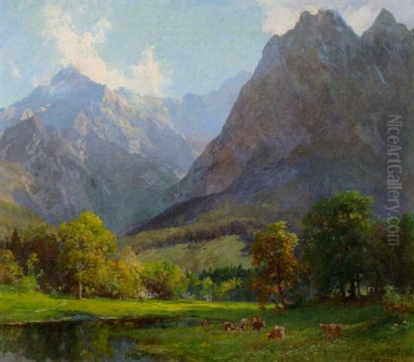 Sommerliche Gebirgslandschaft Mit Kuhen Am Gewasser - view 1