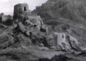 Hochgebirgslandschaft Mit Steingebauden Vorn