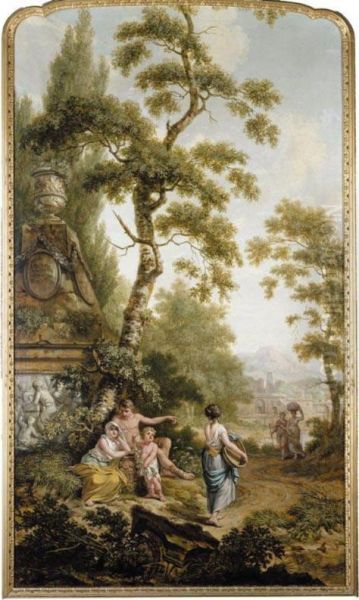 An Arcadian Landscape With Washerwomen On A Road, A Young Family Resting Nearby - view 1