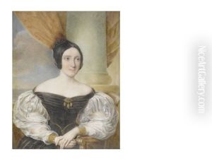 A Lady, Believed To Be Caroline Oakes Nee Bryan (b.1805), Seated Before A Stone Column And Wearing Black Decollete Dress With White Lace Bouffant Sleeves, Jewelled Cuffs To Her Wrists And Brooch To Her Corsage