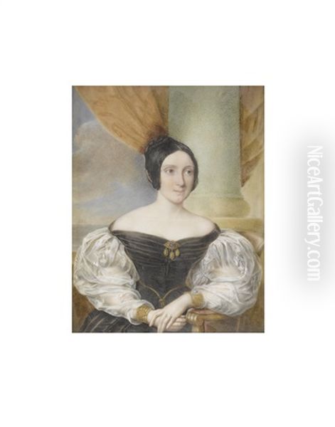A Lady, Believed To Be Caroline Oakes Nee Bryan (b.1805), Seated Before A Stone Column And Wearing Black Decollete Dress With White Lace Bouffant Sleeves - view 1