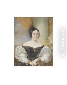 A Lady, Believed To Be Caroline Oakes Nee Bryan (b.1805), Seated Before A Stone Column And Wearing Black Decollete Dress With White Lace Bouffant Sleeves