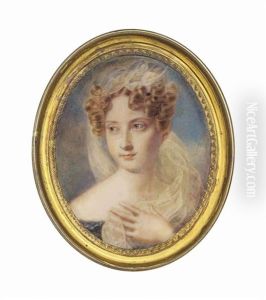 A Young Lady, In Off-the-shoulders Blue Dress, White Gauze Veil Trailing From Her Upswept Fair Hair Dressed In Ringlets Over Her Left Shoulder
