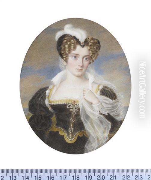 A Lady, Wearing Dark Green Dress In The Late Renaissance Style, The Bodice Trimmed With Gold And Decorated With Pearls... - view 1