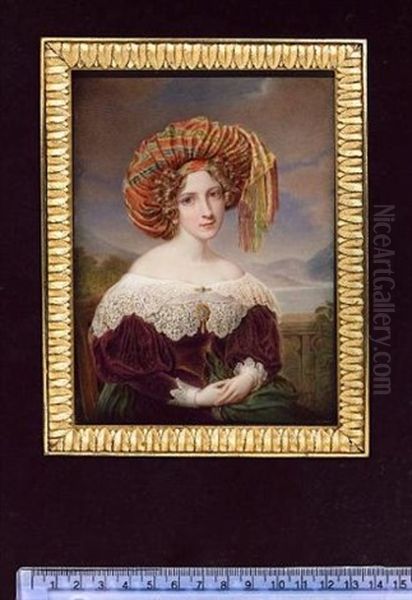 A Young Lady Wearing Purple Dress With Lace Cuffs And Wide Collar With Gold Bar Brooch, Matching Brooch At Her Corsage, Gold Pendent Earring, Striped Silk Turban In Her Curled Blonde Hair - view 1