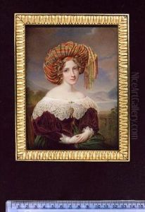 A Young Lady Wearing Purple Dress With Lace Cuffs And Wide Collar  With Gold Bar Brooch, Matching Brooch At Her Corsage, Gold Pendent Earring, Striped Silk Turban In Her Curled Blonde Hair