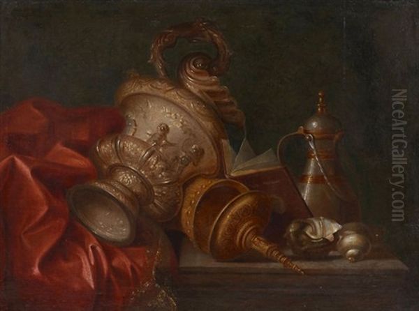 Aiguiere Et Pieces D'orfevrerie Sur Un Entablement - view 1
