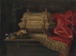Nature Morte Au Coffret A Epingles, Coquillage Et Tapis Rouge by Meiffren Comte
