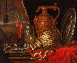 Nature Morte Aux Pieces D'orfevrerie Et Montre Devant Un Paysage by Meiffren Comte