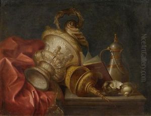 Stilleben Mit Silberprunkgefassen, Einem Buch, Muscheln Und Einem Roten Tuch Auf Einem Tisch