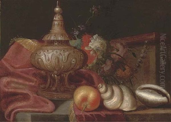An Urn, An Orange, Shells, A Box Of Jewellery And A Bunch Of Mixed Flowers On A Partly Draped Ledge - view 1
