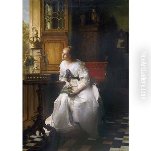 Frau Am Fenster Mit Stieglitzen Im Kafig by Pierre Charles Comte