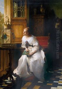 Frau Am Fenster Mit Stieglitzen Im Kafig by Pierre Charles Comte