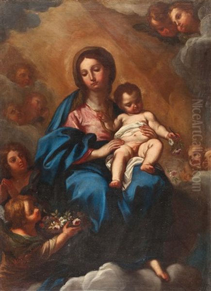 Maria Mit Dem Jesuskind Auf Einer Wolkenbank Sitzend, Umgeben Von Engeln - view 1