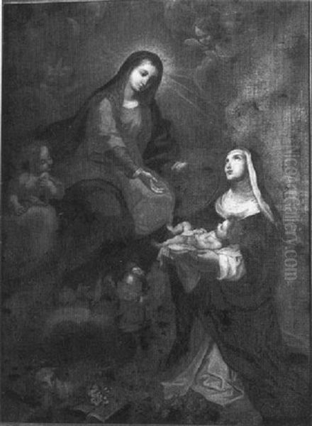 Mary With A Nun Holding A Child With Angel Figures And Lamb - view 1