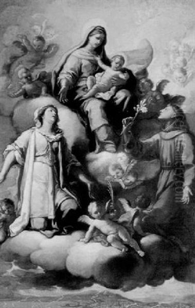 Madonna Mit Kind Auf Wolken Als Schutzpatronin Vor Gewitter Und Unwetter, Vom Hl. Antonius Von Padua Und Einer Hl. Martyrerin Verehrt - view 1