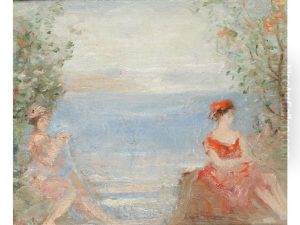 Two Ladies Seated Beside Trees With The Sea Beyond