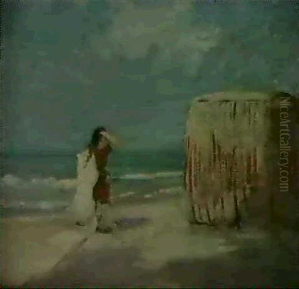 Woman And Bathing Tent On Beach - view 1