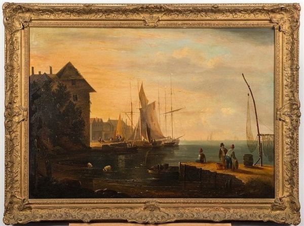 A Coastal Harbour Scene, Fishermen On A Quay, Small Sail Trading Craft Alongside Harbour Wall - view 1