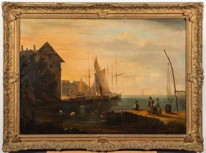 A Coastal Harbour Scene, Fishermen On A Quay, Small Sail Trading Craft Alongside Harbour Wall by Nicholas Condy