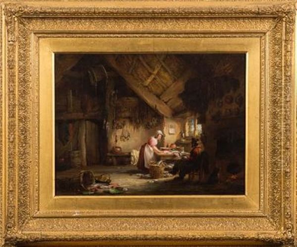 Figures In A Country Cottage Kitchen A Woman Preparing Fish, A Seated Man And Dog At Fireside - view 1