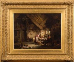 Figures In A Country Cottage Kitchen A Woman Preparing Fish, A Seated Man And Dog At Fireside