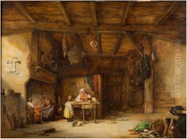 A Cottage Interior; Father And Daughter At A Table, Mother And Son At The Fireplace - view 1