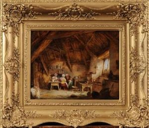 Interior Of The Cobbler's Cottage, Three Figures And A Child Around A Table