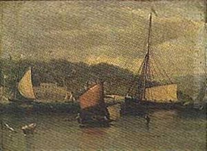 A Racing Cutter In Her Mooring (+ An Armed Brig Setting Sail; Pair)