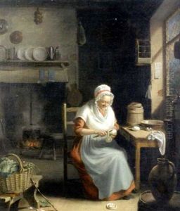 An Old Woman Peeling Turnips In An Interior