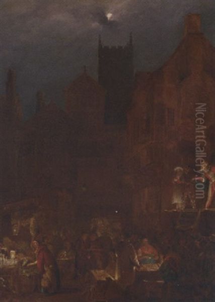 Figures In A Moonlit Market Before An Open Theatre - view 1
