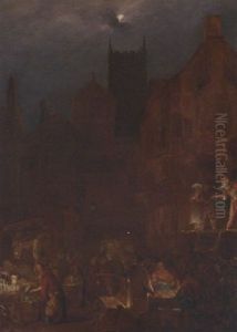 Figures In A Moonlit Market Before An Open Theatre