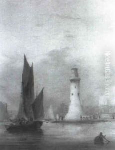 Shipping Becalmed By A Lighthouse by Nicholas Condy