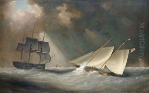 A Racing Schooner Of The Royal Yacht Squadron, Thought To Be Camilla, Heeling In The Breeze In The Channel With A Royal Navy Two-decker About To Cross Ahead Of Her by Nicholas Matthew Condy