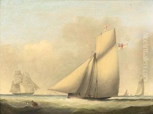 A Racing Cutter Of The Royal Yacht Squadron Approaching The Turning Mark, With A Naval Brig Off Her Starboard Bow by Nicholas Matthew Condy