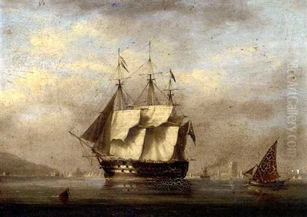 A British Two-decker Arriving At Lisbon And Preparing To Anchor With The Belem Tower Off Her Stern - view 1