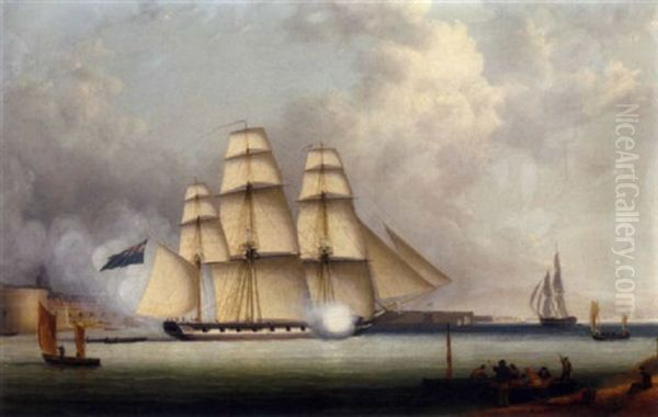 A Royal Naval Frigate Signalling Her Departure From Portsmouth - view 1