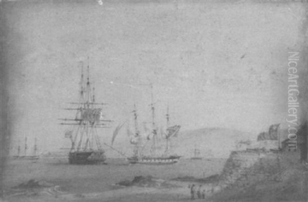 A British Frigate Getting Under Way Off A Chilean Fortress, A British Two-decker And A French Frigate Anchored Nearby - view 1