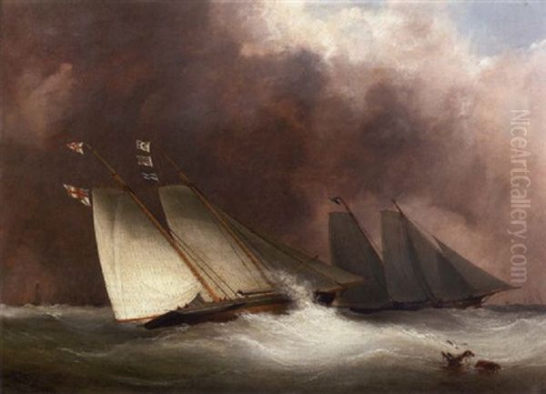 The Royal Yacht Squadron's Schooner "fair Rosamond" Running Up The Channel After Rounding The Eddystone Lighthouse In Stormy Weather - view 1