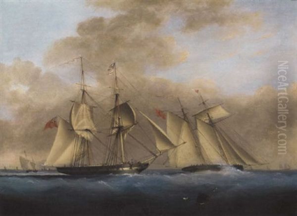 A Royal Navy Bring Heaving-to In The Wake Of The Royal Yacht Squadron Topsail Schooner Racing To Windward - view 1
