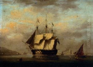 A British Two-decker Arriving At Lisbon And Preparing To Anchor With The Belem Tower Off Her Stern