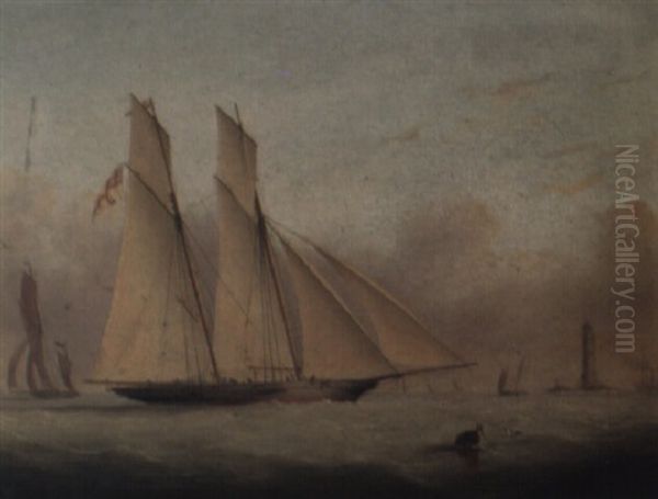 In Full Sail Off Lighthouse (the Eddystone?) - view 1